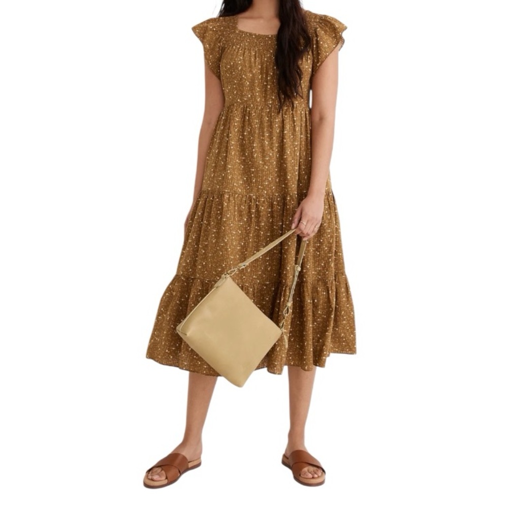 Madewell Ruffle-Sleeve Tiered Dress Daisy Stitch weathered olive Size Small